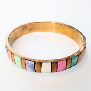Vintage Multi Color Dyed Inlaid Shell Brass Bangle Bracelet